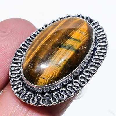 Natural Tiger Eye Gemstone Handmade 925 Sterling Silver Ring Size 7.5 T7I81