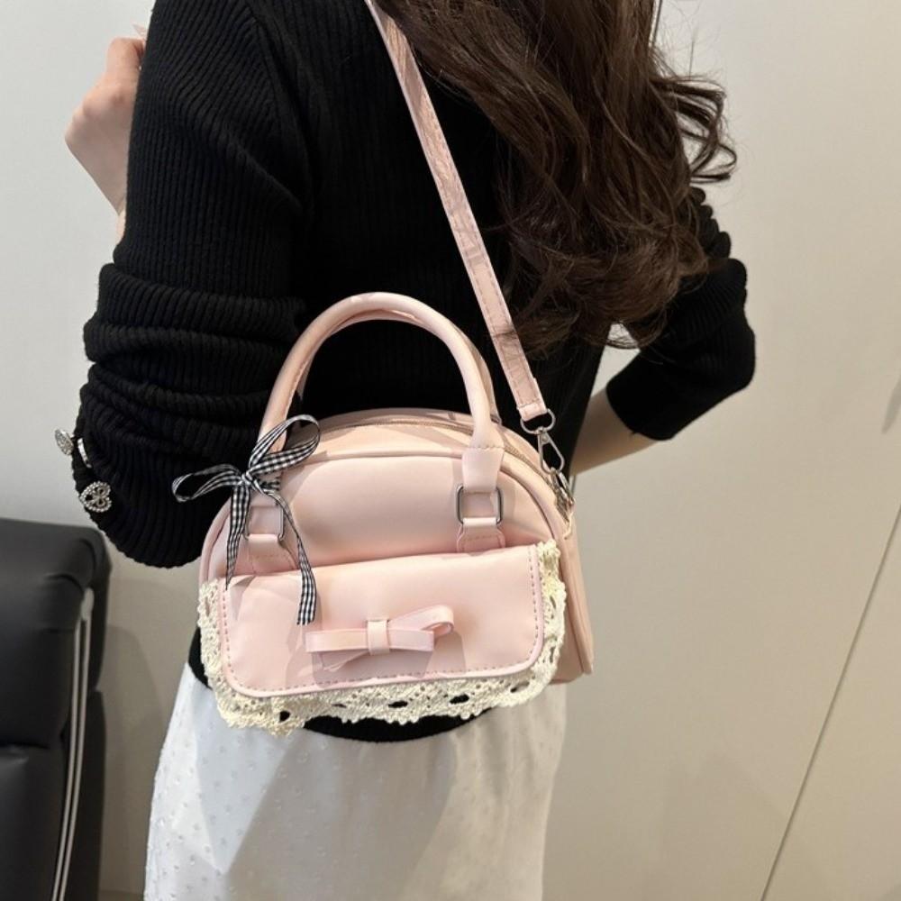 Lace Ribbon Boston Handbag PU Leather Bow Shoulder Bag Sweet Crossbody Bowling Bag  School