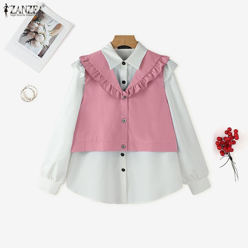 ZANZEA Blusa Casual Clásica de Cuello Suelta con Mangas Largas y Patchwork para Mujer