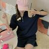 2 Pcs/Set Women Summer Sweatshirt Pants Set Short Sleeve Zippered Turn-down Collar Top Drawstring Elastic Waist Loose Sweatpants Tracksuit Pansuit