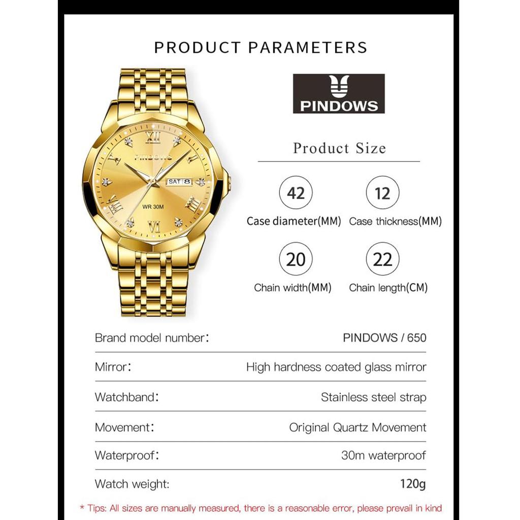 PINDOWS Luxury Business Dress Analog Quartz Water Luminous Date Stainless Steel Classic Business Casual Style Men's Watch, Diamond-Decorated, Style,