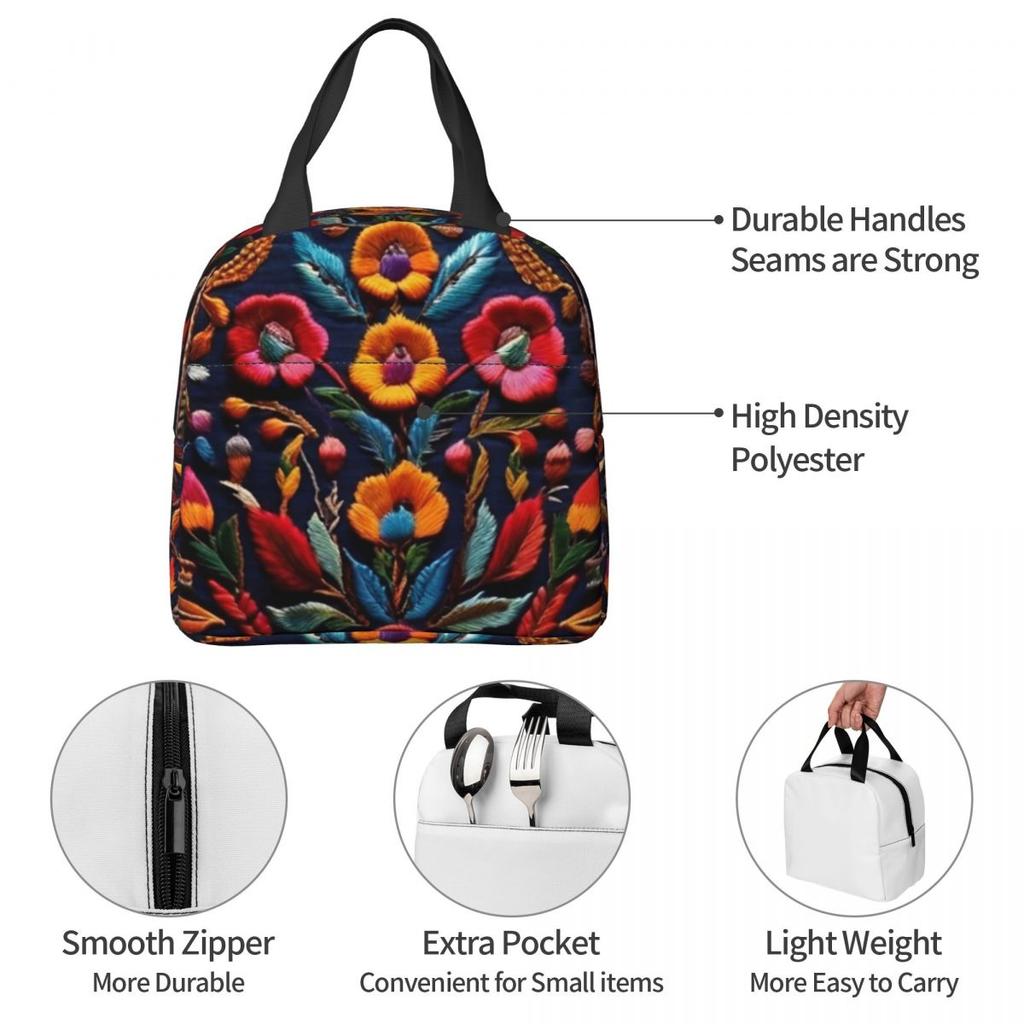 Mexican Embroidery Floral Insulated Lunch Bag for Women Children Leakproof Food Boxes Thermal Lunch Box Tote