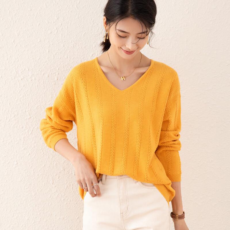 TUHUANG Women's 100% Wool Textured V-Neck Sweater