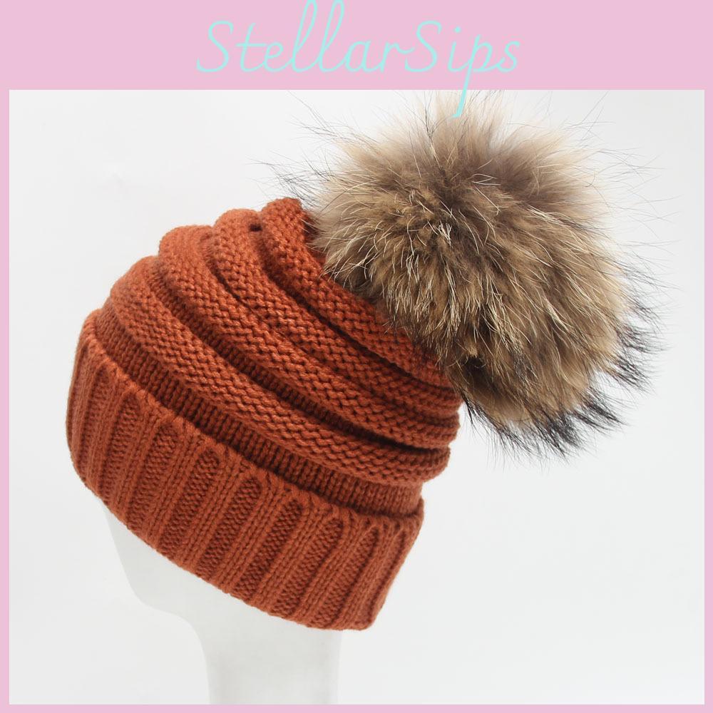 Knitted Stripe Women Hairball Hat Thickened Design Outdoors Keep Warm Gifts