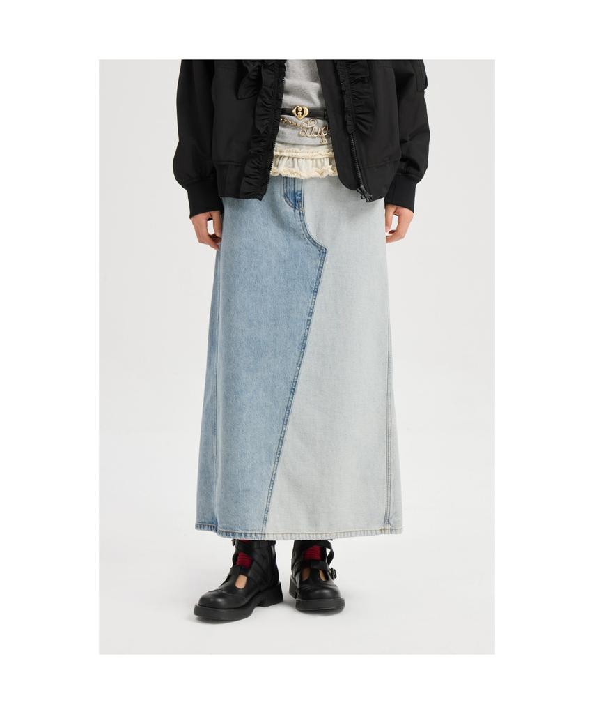 LUCKY CHOUETTE Back Banding Color Block Long Denim Skirt (Blue) Lfpdm25320Bux