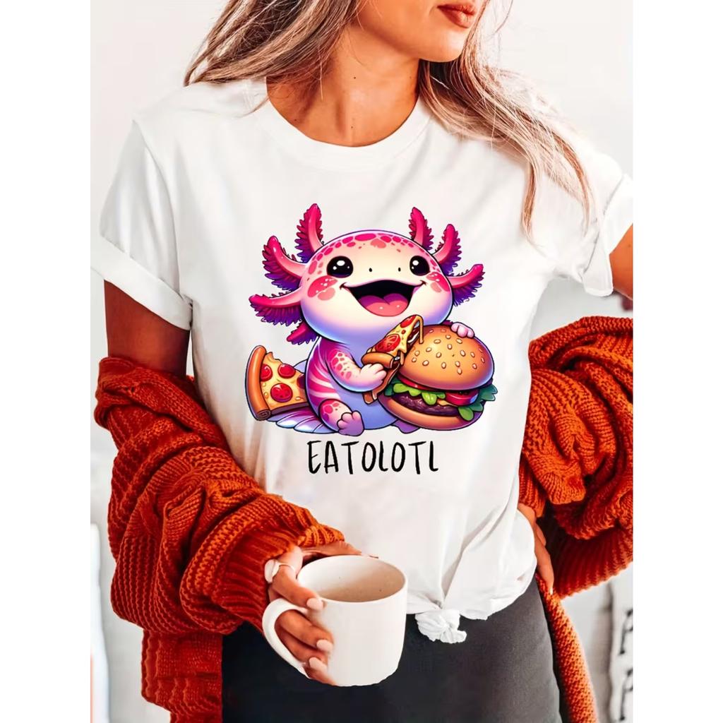 Axolotl Print Short Sleeve T-shirt, Casual Crew Neck Top for Summer & Spring, Women's Clothing