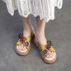 Johnature Handmade Flower Retro Women's Peep Toe Shoes Lightweight Thick Soled Genuine Leather Outdoor Slippers
