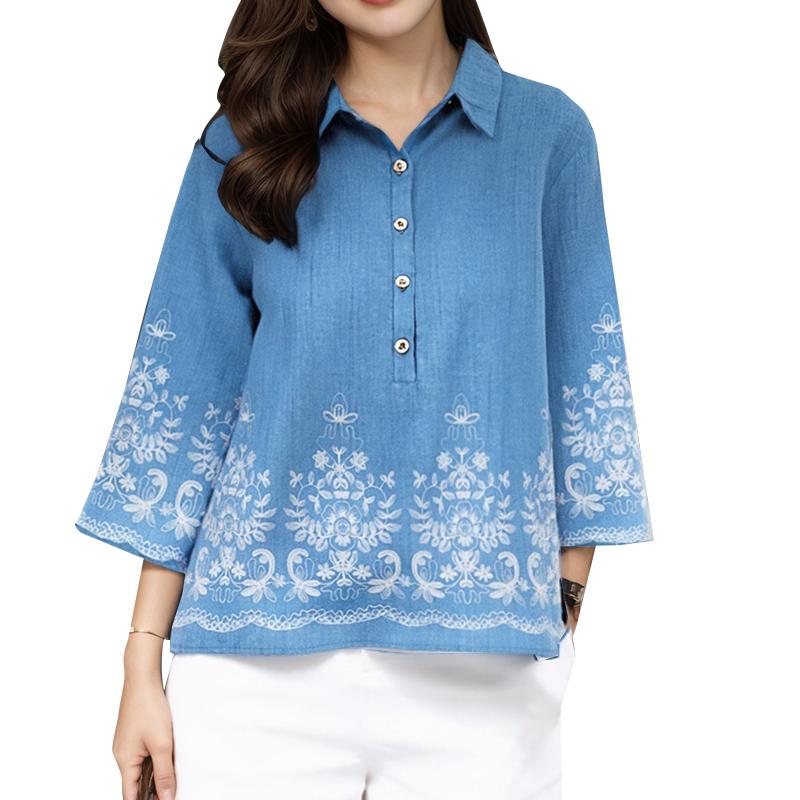 

ZANZEA Women Turn Down Collar Loose Casual 3/4 Sleeve Print Blouse 2XL синий