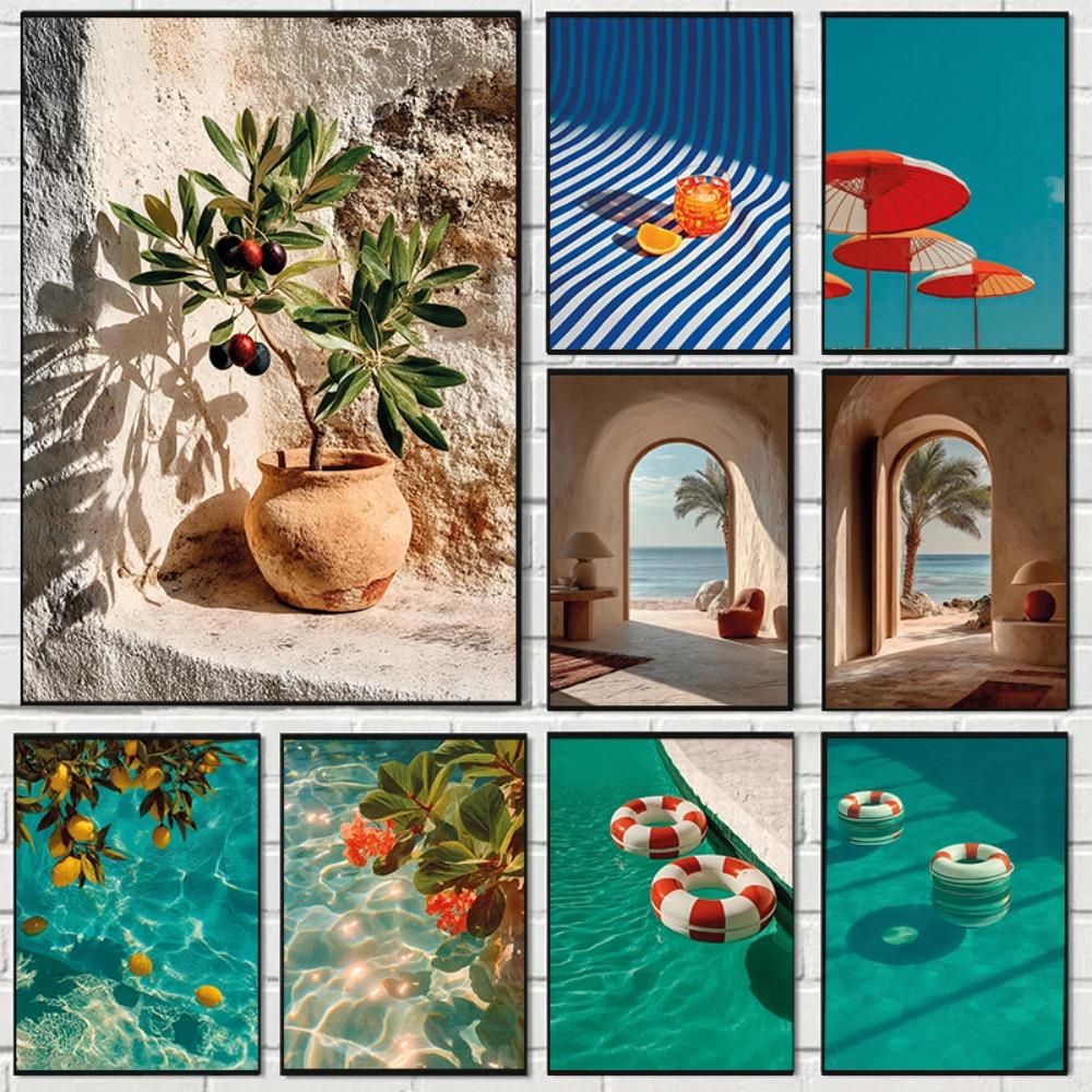 Modern Italian Lemon Orange Seaside Beach Waves Arc Swimming Pool Landscape Posters Canvas Painting Wall Art Pictures Home