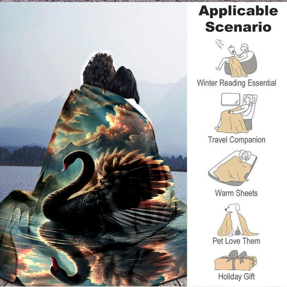 1pc Black Swan Art Print Blanket Lightweight Flannel Blanket Throw Blanket For Sofa, Bed, Travel, Camping, Livingroom, Office, Couch, Chair, And Bed y