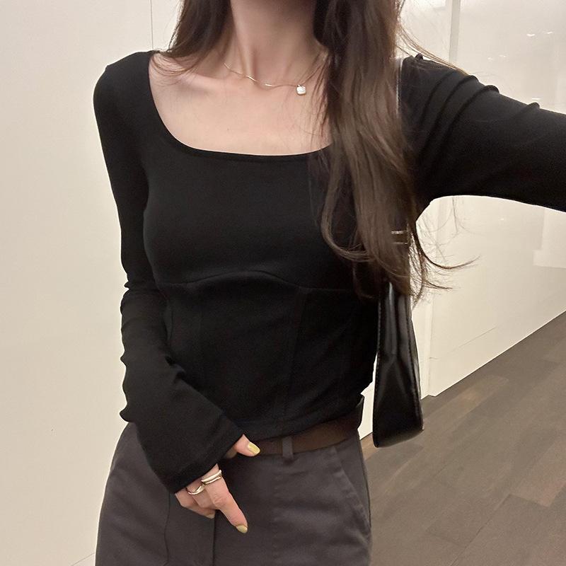 Square Neck Fishbone Top für Damen im Herbst, neues, taillenbetontes Langarm-Kurz-T-Shirt mit Unterhemd