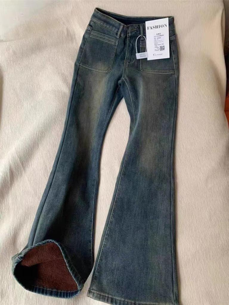 Damen Zementgraue Retro Micro-Flared Fleecegefütterte High-Waist Jeans - Übergröße, Bodenlang, Schlankmachend, Herbst/Winter-Bekleidung.
