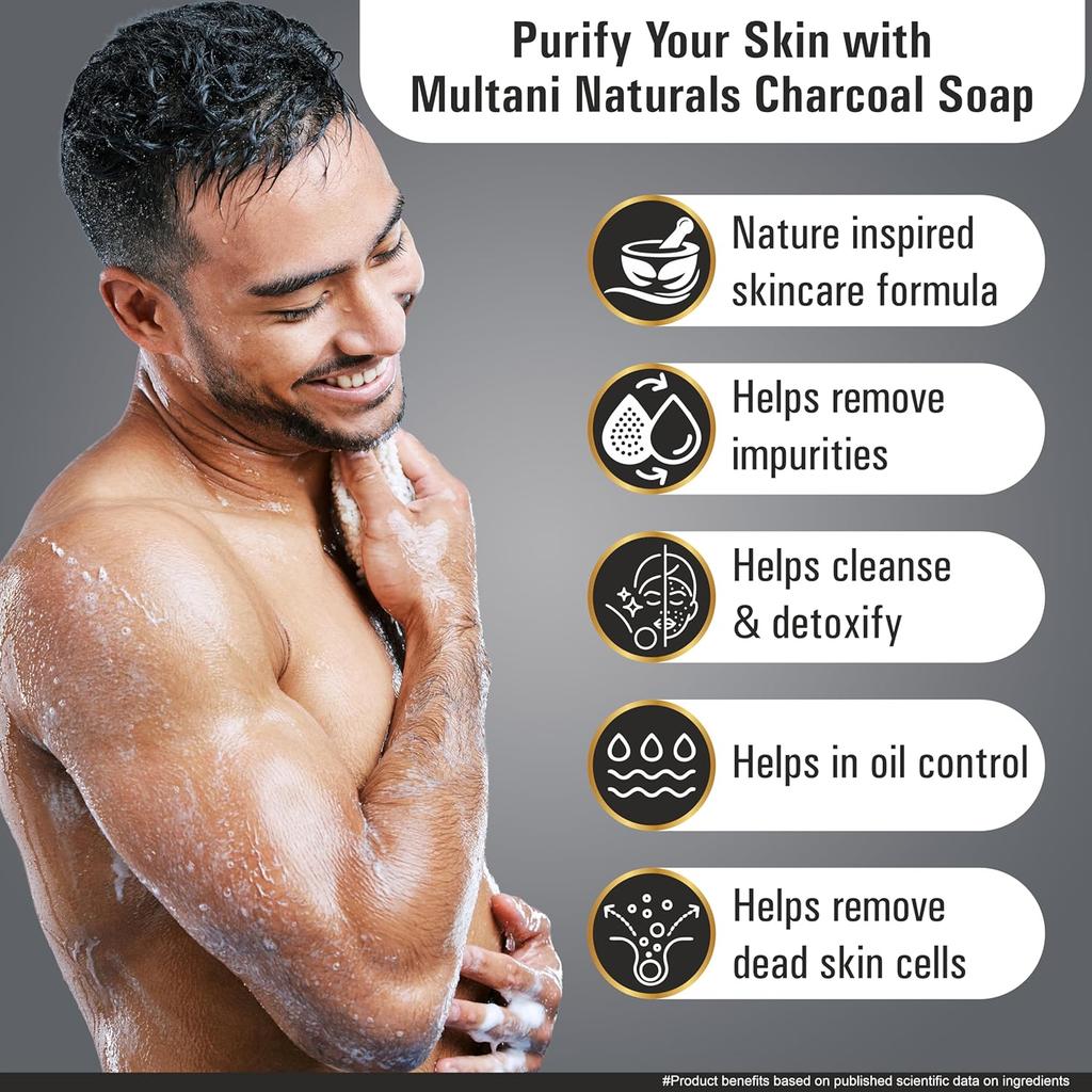Multani Naturals Charcoal Soap Bar For Oily Skin Deep Cleansing Glycerin Soap 125 gm Pack of 5Pcs Paraben Free Body Wash