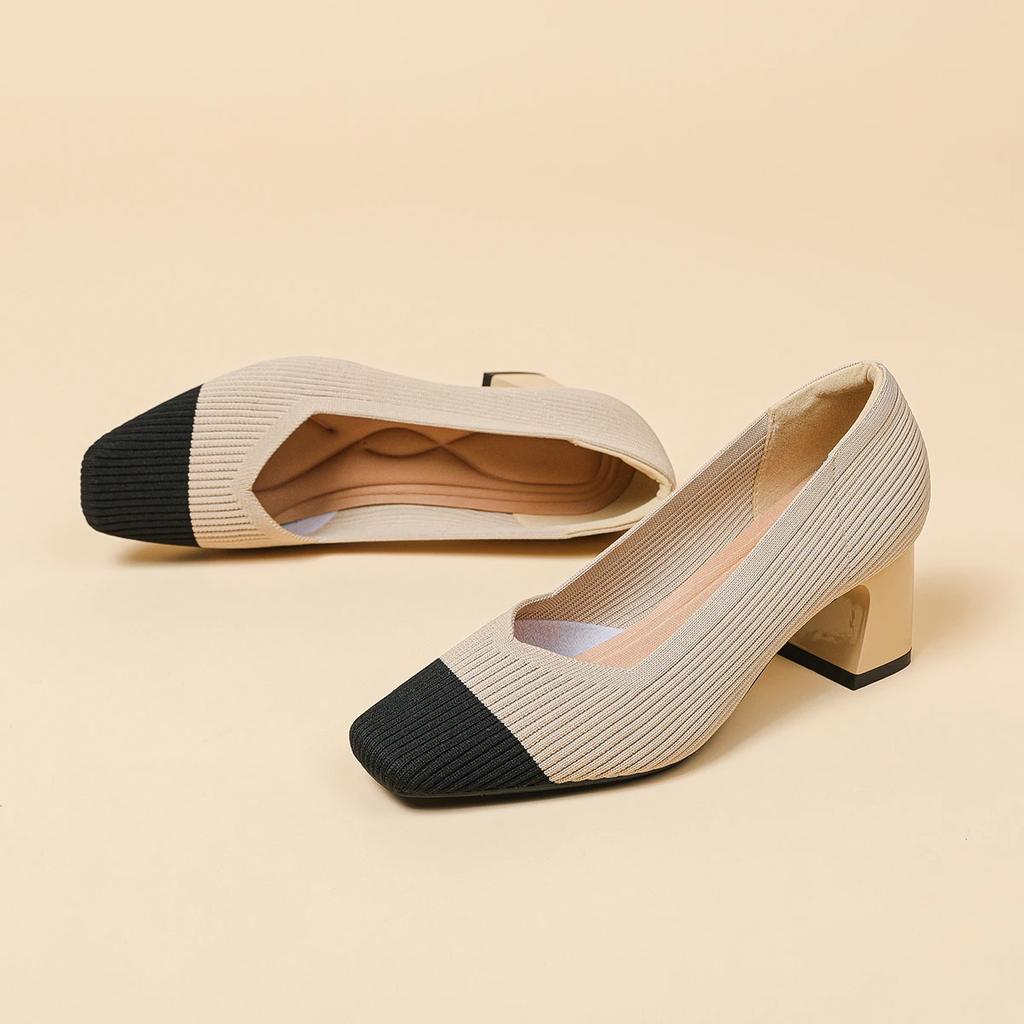 Sko Dame Høye Hæler Komfortable Firkantstrikkede Pustende Komfortable Damesko (5cm Høy) 2025 Ny Kolleksjon