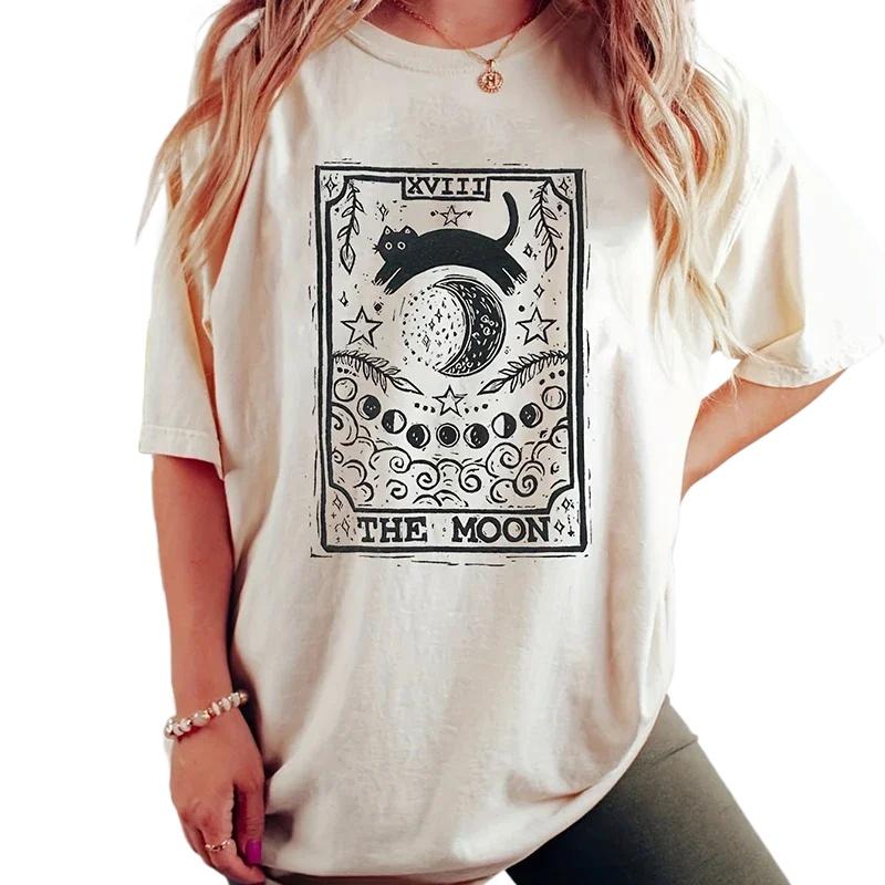 

Хлопковая повседневная футболка с принтом кота и луны, с круглым вырезом и коротким рукавом, летние топы каваи для женщин, белая футболка с рисунком, женские топы 4XL