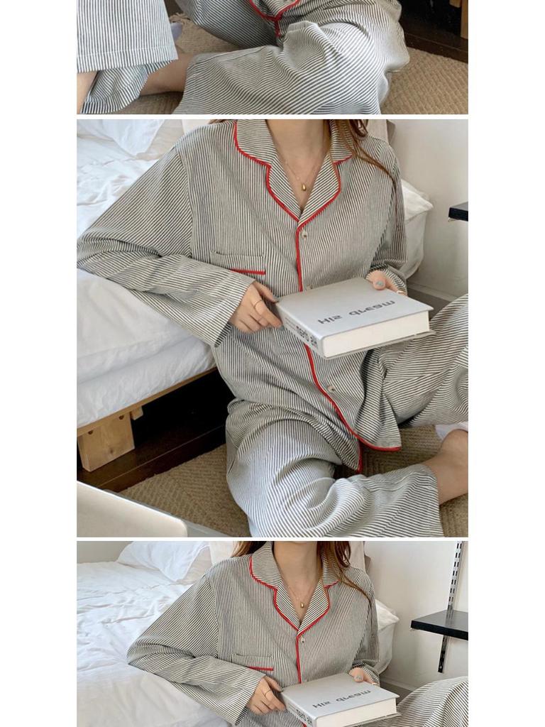 Women's Striped Long-Sleeve Cardigan Pajama Set - Korean Style