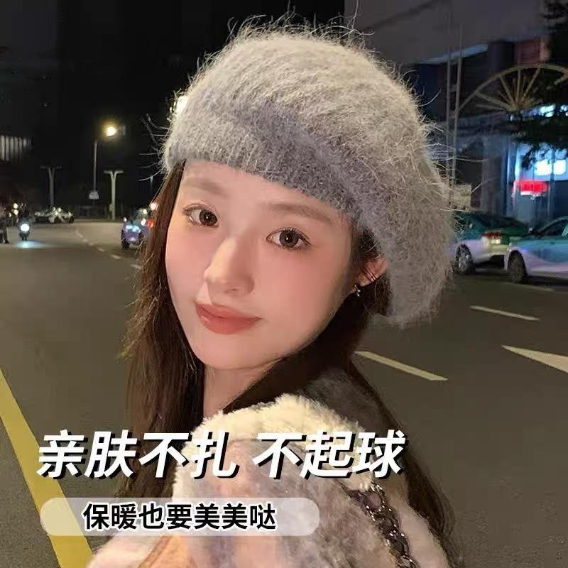 Wool Knitted Beret Women's Autumn and Winter Big Head Circumference Wool Hat High Sense Octagonal Painter Warm Wool