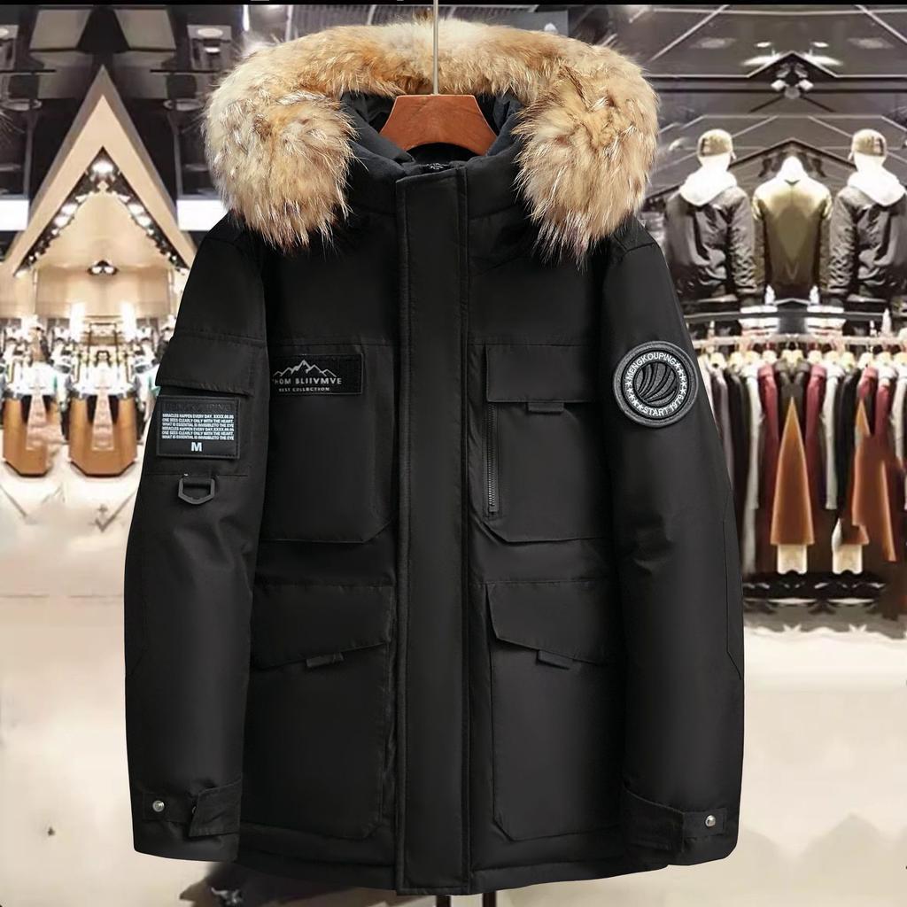 Thickened Couple Workwear, Down Jacket, Winter Jacket, Men's and Women's Medium To Long Style with Fur Collar, Outdoor Warm Down Jacket