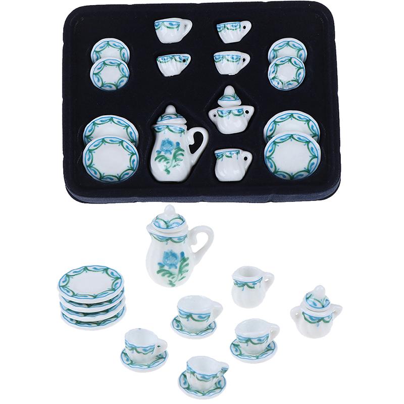 1:12 Miniature 15Pcs Porcelain Tea Cup Set Chintz Flower Tableware Kitchen