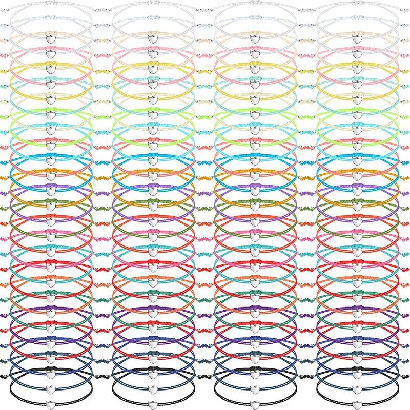 Cunno 100 Pcs Friendship Bracelets Bulk Heart Bracelets Colorful Adjustable String Star Motivational Gifts for Women Girls(Heart Style)
