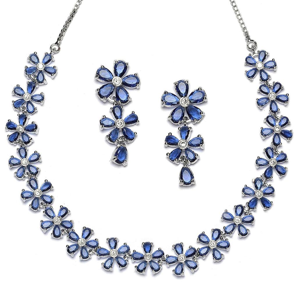 Rhodium Plated Silver Toned White American Diamond Studded Flower Shaped Jewellery Set For Girls and Women