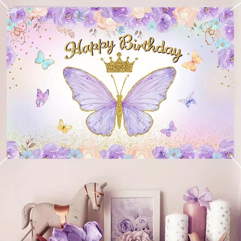 2D Flat Printing Floral Gold Crown Birthday Backdrop for Girl's Photoshoot