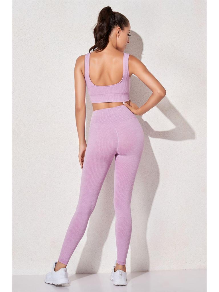 Women's Solid Color Seamless Ribbed Sports Bra and High Elastic Yoga Set