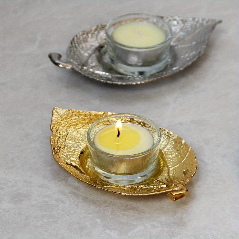 1PC Luxury Nordic Natural Wind Leaf Shape Gold Silver Candle Holder Tea Wax Small Round Candle Transparent Container Table Top Decoration Candle