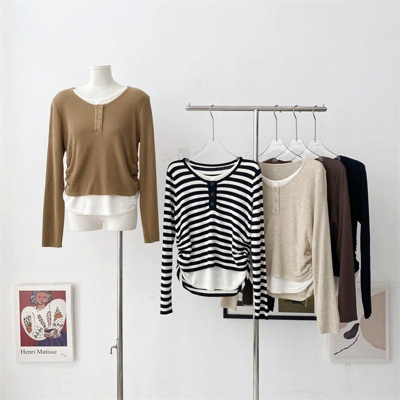 Womens Striped Knit Top Long Sleeve Slim Fit Pullover Tee With Mock Layer Design