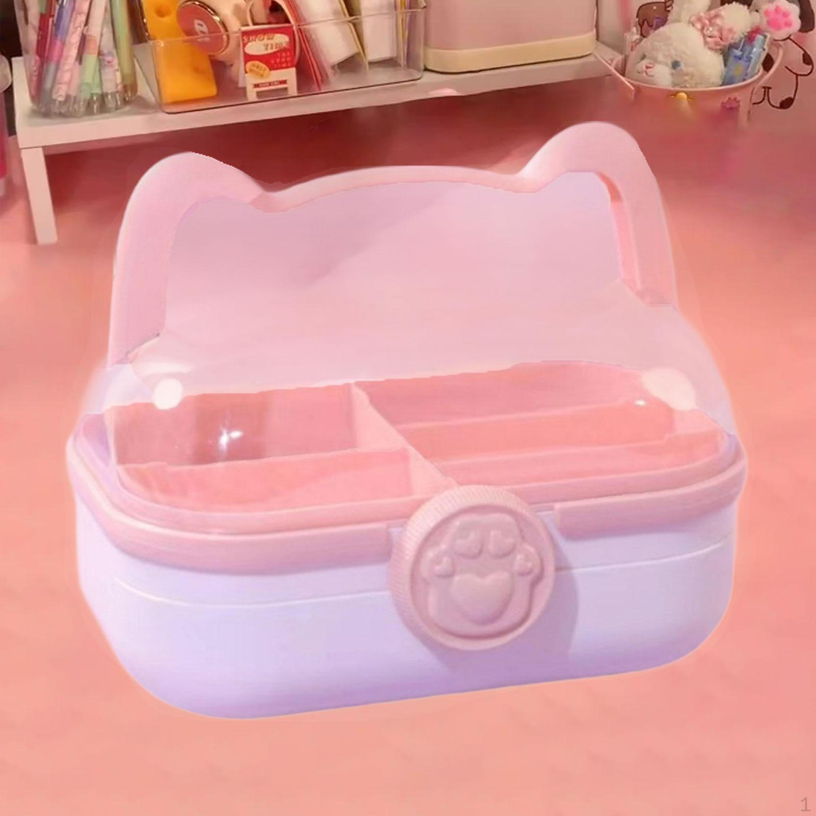 Коробка для хранения детских игрушек, рукоделия и поделок с ручкой, 2-слойная, с отделениями, пыленепроницаемая, с разделителями, дизайн  Кошка розовый