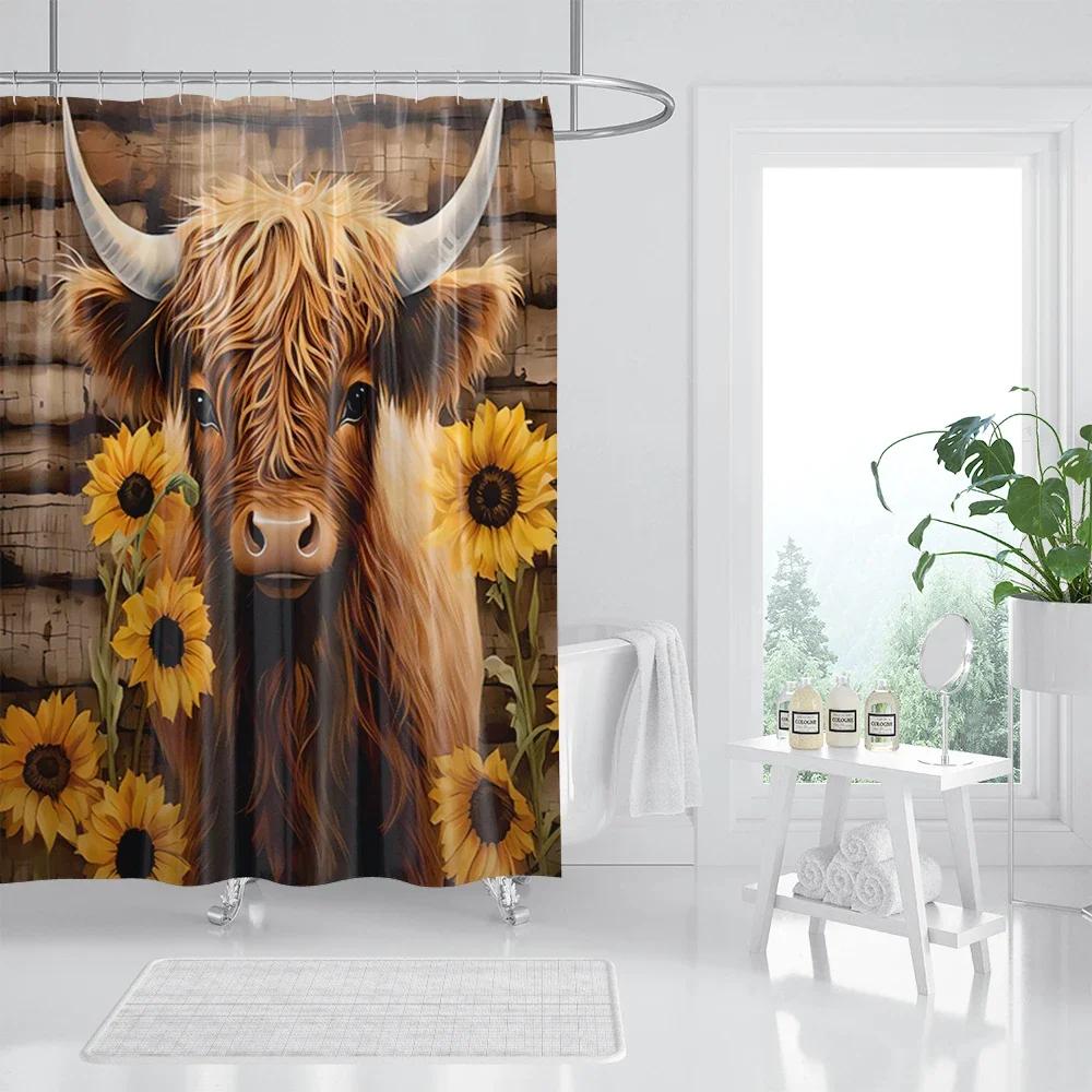 Funny Highland Cow Shower Curtain Farm Animal Sunflower Watercolour Flowers Farmhouse Polyester Fabric Bathroom Decor with Hooks