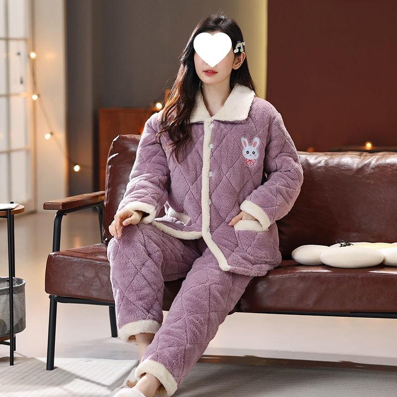 Dámské pyžamo třívrstvé zesílené a roztomilé zimní lze nosit velká velikost teplé polstrované domácí oblečení