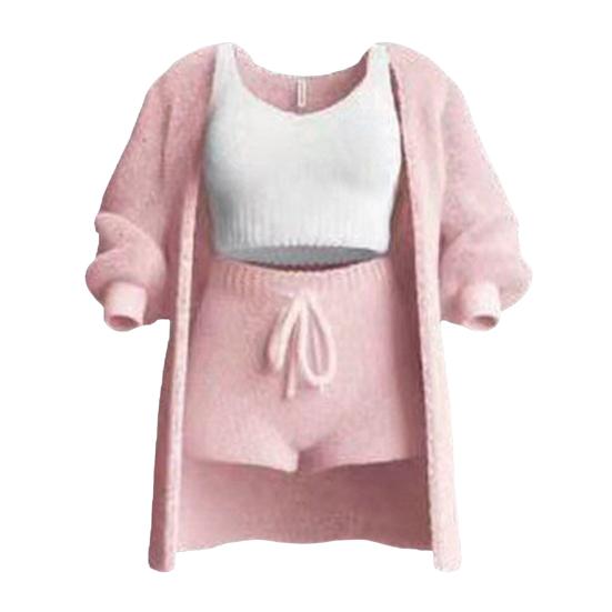 3 Pcs/Set V Neck Set Long Shorts Coat Sleeve Thick Coat Women Vest Sleeveless Top Drawstring