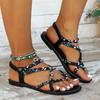 Sandali alla moda da donna bohémien con cinturino intrecciato, motivo floreale, vestibilità elastica, design open-toe, tacco piatto, tomaia e interno in tela, suola in gomma