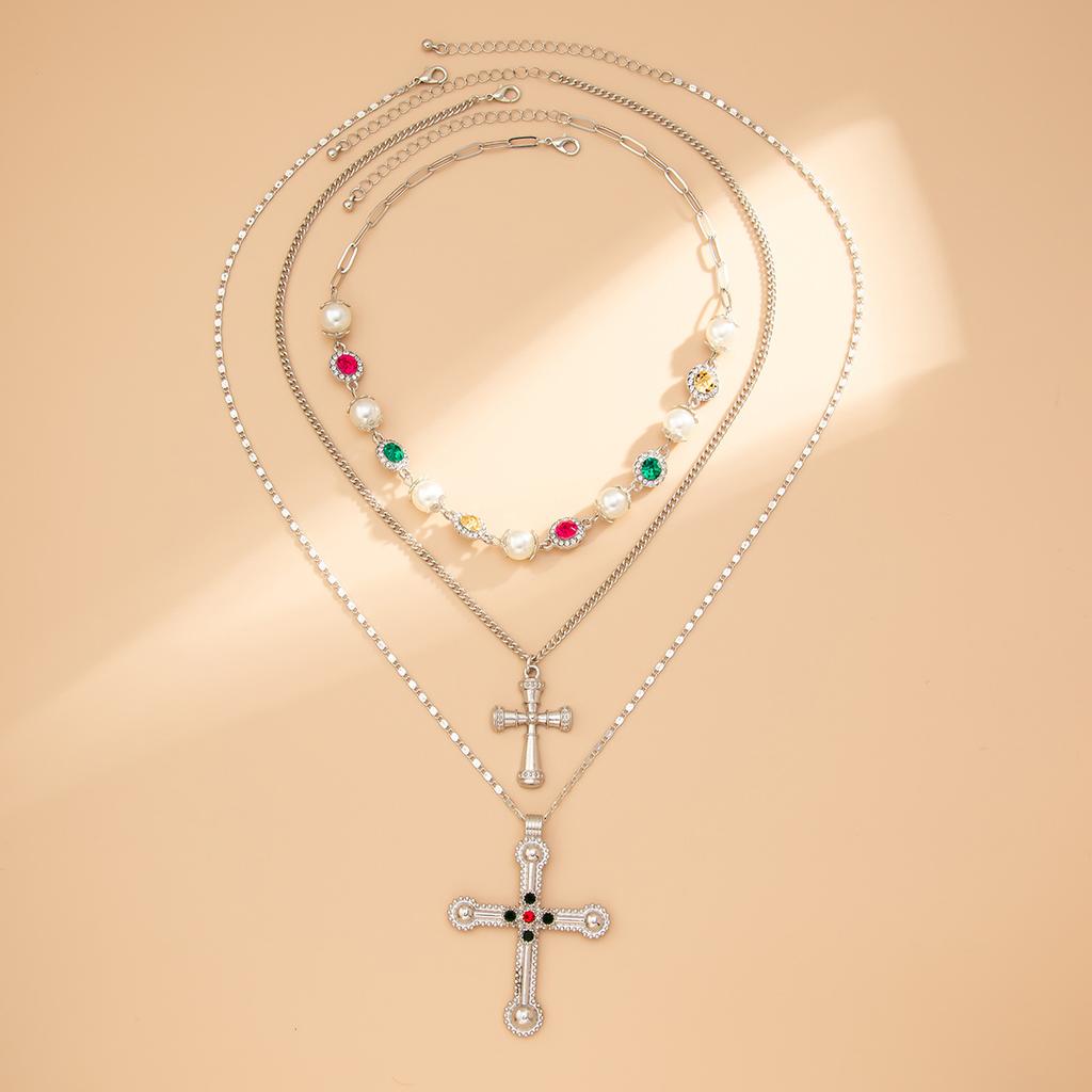 Sweet Cool Style Cross Alloy Pendant Chain Diamonds Pearls Beads Tassel Necklace