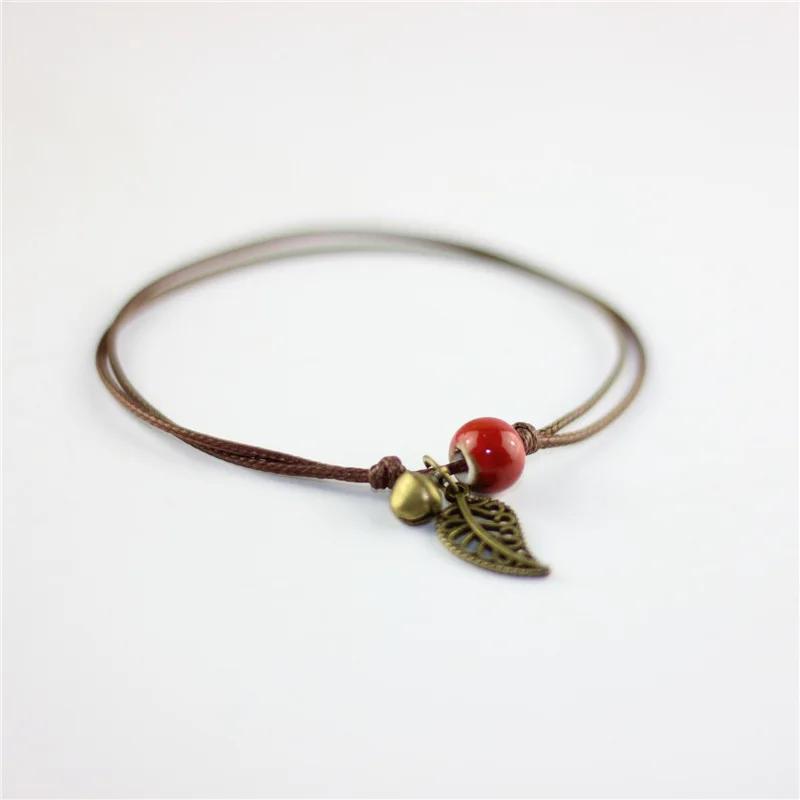 Vintage Leaf Bracelet Small Bell and Colorful Flower Glazed Ceramic Bead Pendant Leather Rope Anklet Women Ethnic Style Pulseras