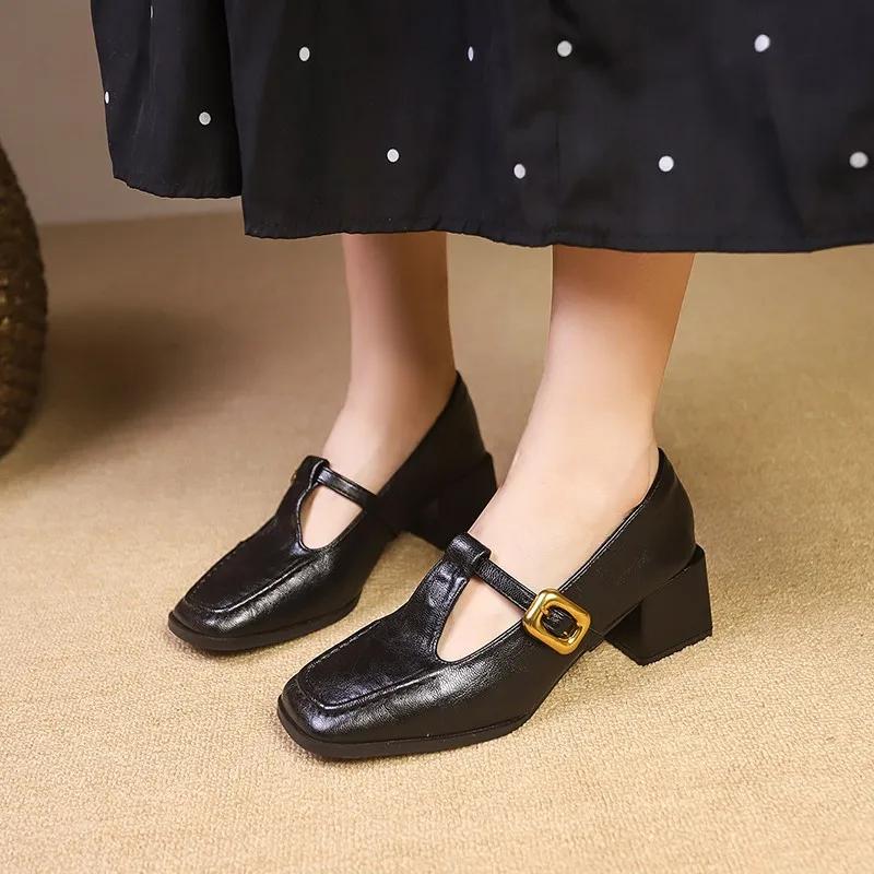 Fashion Brand Design T Strap Leather Shoes Women's French Square Toe Mary Jane Shoes Retro Brown Mid Heels Oxford Shoes Women's Pumps