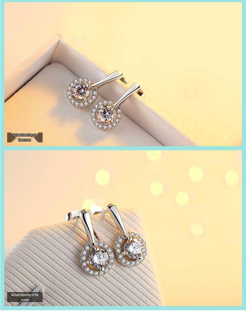 Korean Fashion Temperament Hollow Round Sparkling Diamond Silver Stud Earrings
