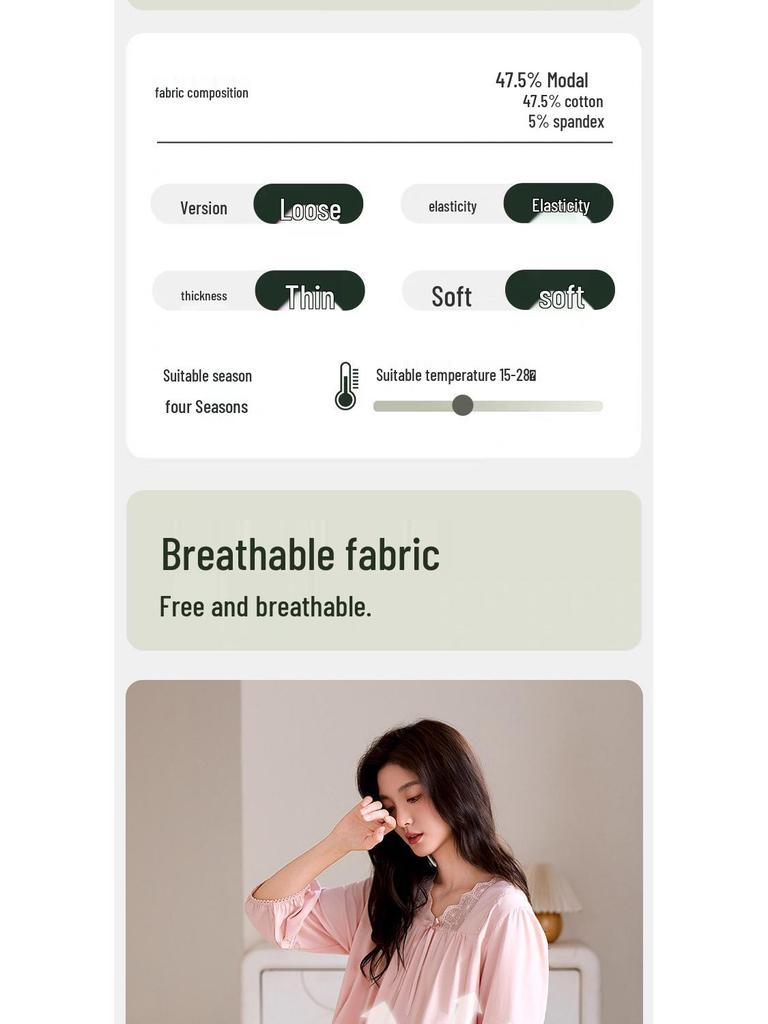 Damen Leichtes Modal-Baumwoll-Nachthemd in mittlerer Länge, Übergröße, für Frühling und Herbst.