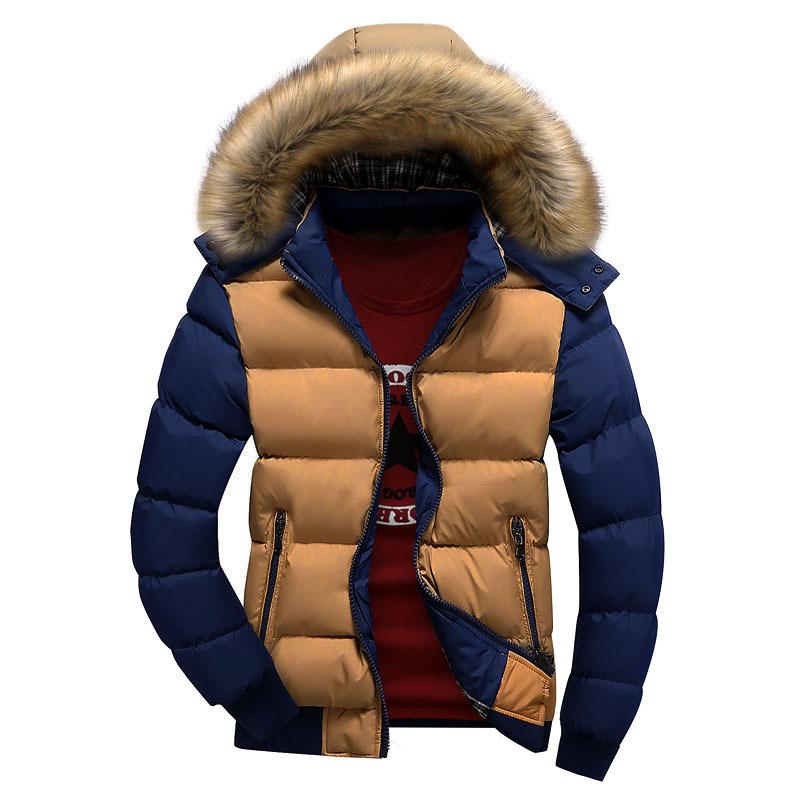Cappotto da uomo con cappuccio e collo in pelliccia, caldo in cotone - Capispalla casual alla moda