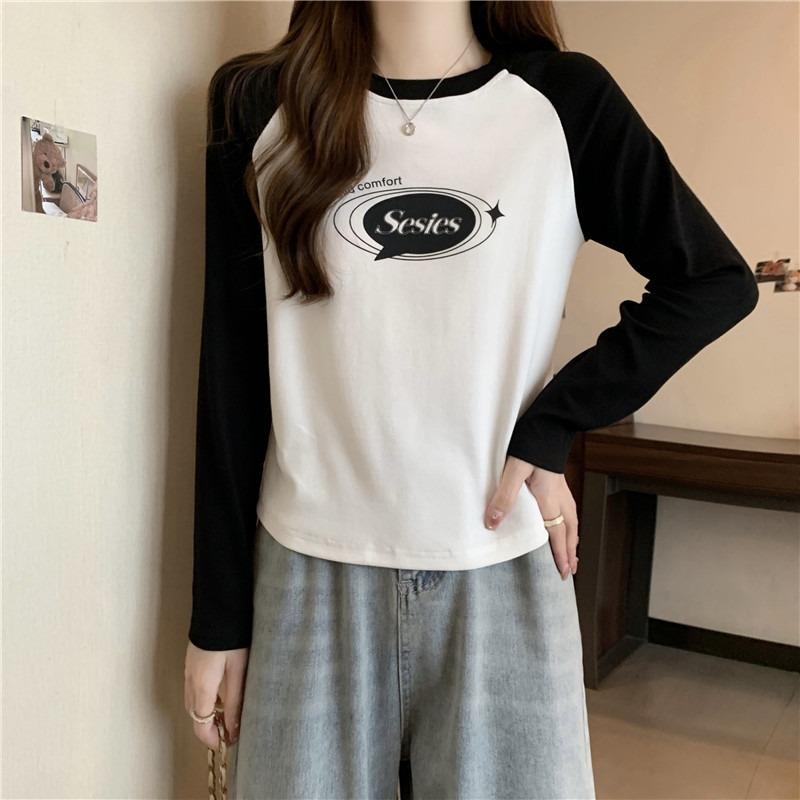 Real Shot Women's Clothing Autumn and Winter Cotton Shoulder Plug Contrasting Color Y Contrasting Color Long-sleeved T-shirt Bottoming Shirt Top