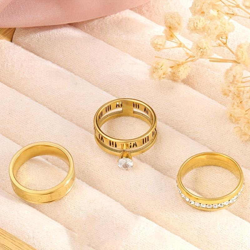 Stainless Steel Jewelry Cut Hollow Roman Numeral Inlaid Diamond Ring High-End Titanium Steel Ring Three-Piece Set