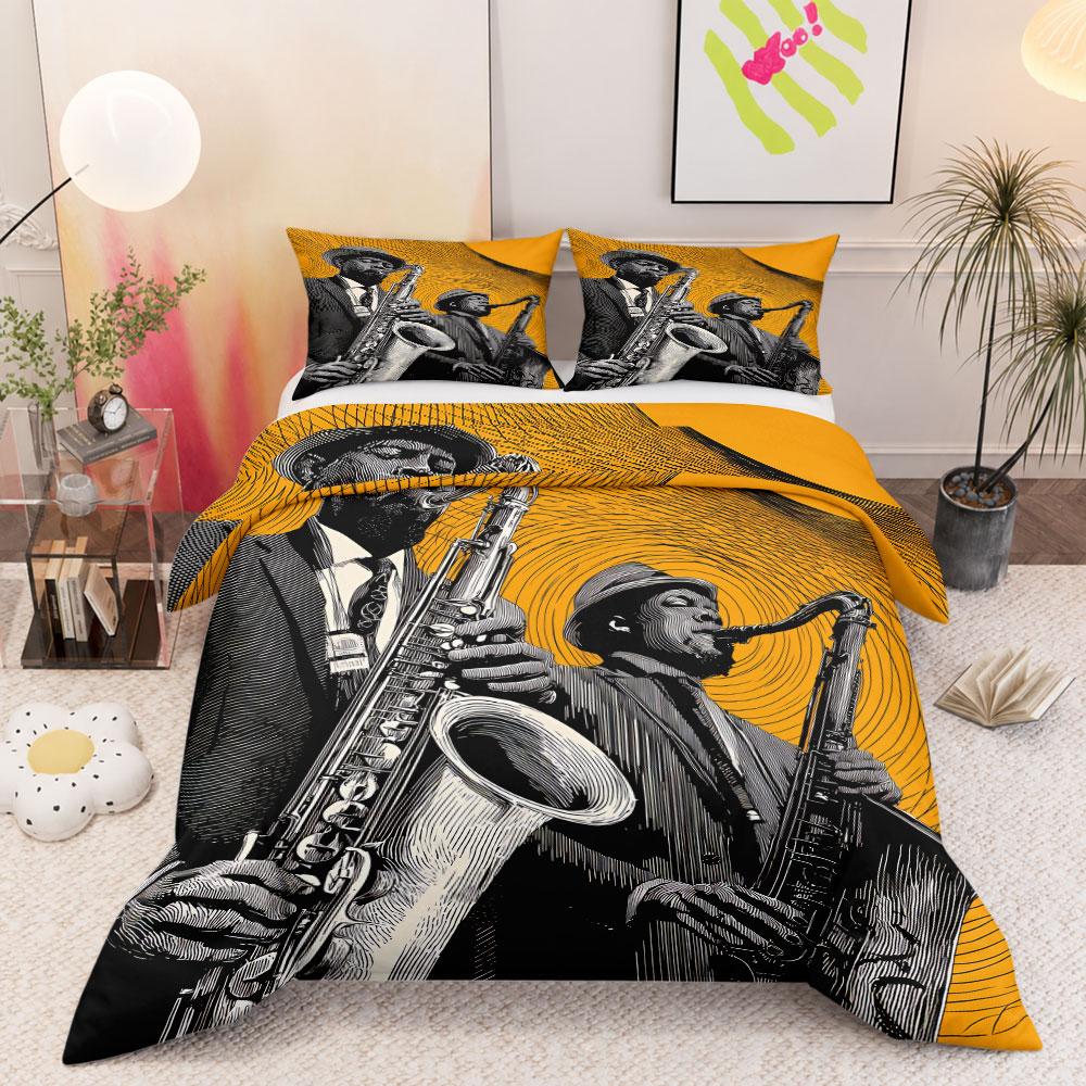 Artistic Jazz Saxophonists Orange Line Art Yellow Duvet Cover with Pillowcases, Simple Elegance Duvet Cover Set