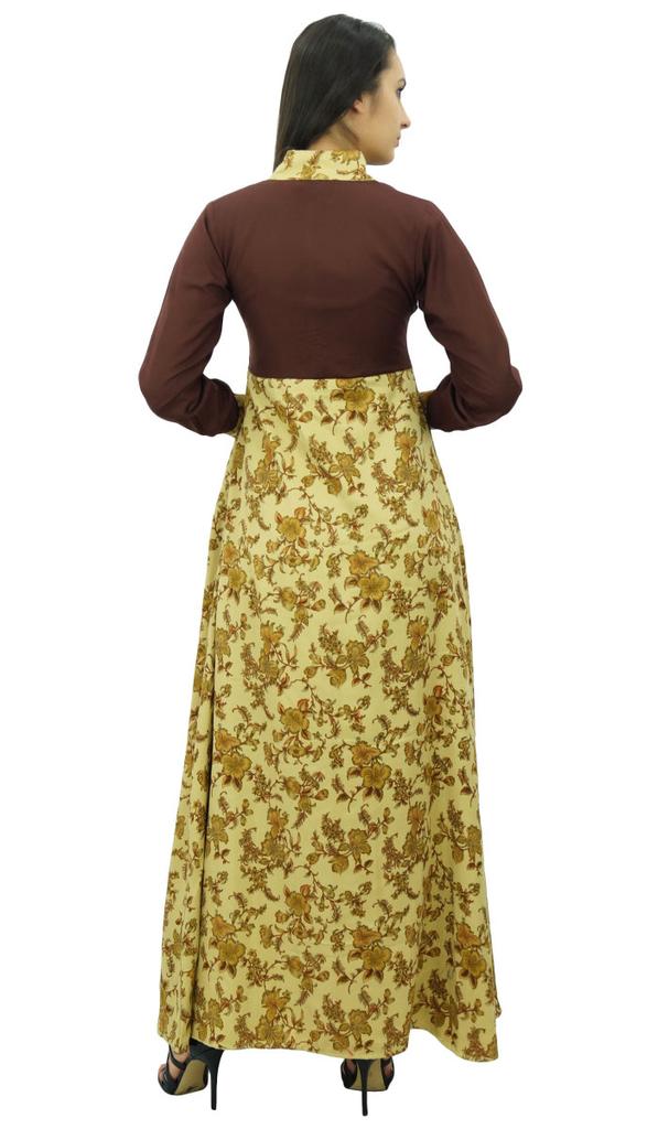 Bimba Women's Floral Parited Shirt Collar Long Maxi Jilbab Full Sleeve