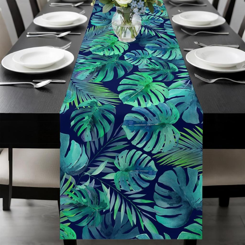 Tropical Ferns Palm Leaves Linen Table Runner Party Decor Washable Farmhouse Kitchen Dining Table Runner Wedding Decorations