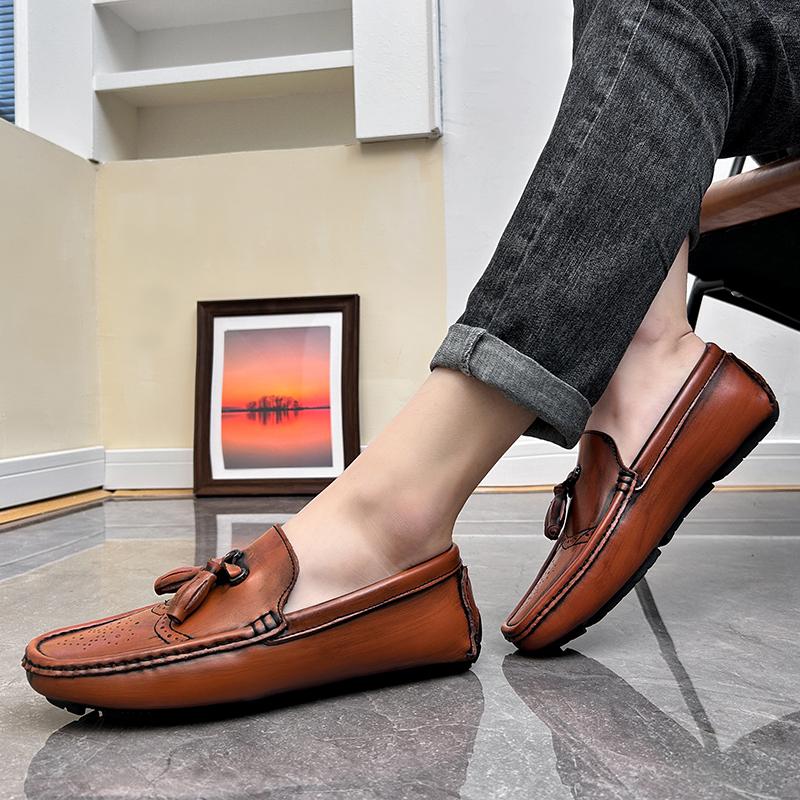 Fashion 2025 Men Brogue Loafers Leather Casual Driving Shoes Slip-On Comfort with Perforated Design Rubber Sole Breathable Daily Wear