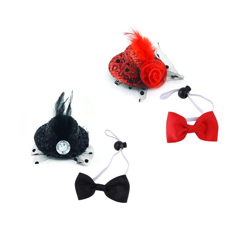 

Pet Fascinator Hat Cat Party Hat с декором из перьев и воротником-бабочкой Комплект головных уборов для домашних животных Костюм кошки