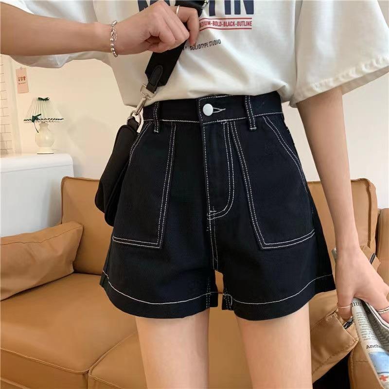 

Новые летние джинсовые шорты с высокой талией для женщин, дизайнерская ниша, утягивающие и скрывающие живот, широкие брюки А-силуэта с градиентом XL чёрный