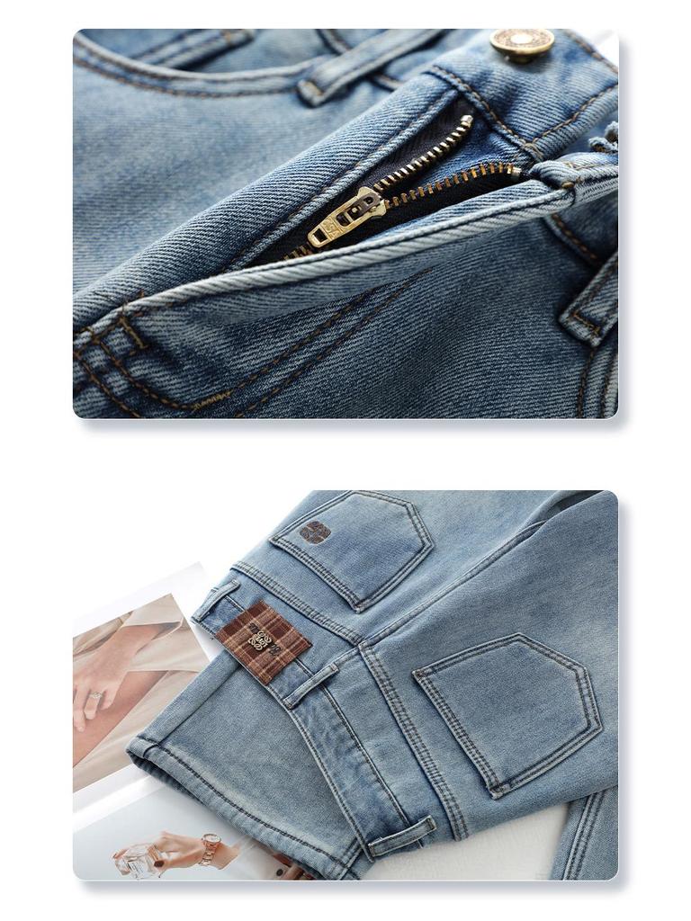 Women's Light Blue Retro Straight-Leg Jeans: 2024 Plus Velvet Thickened Wide-Leg Pants for Autumn/Winter.