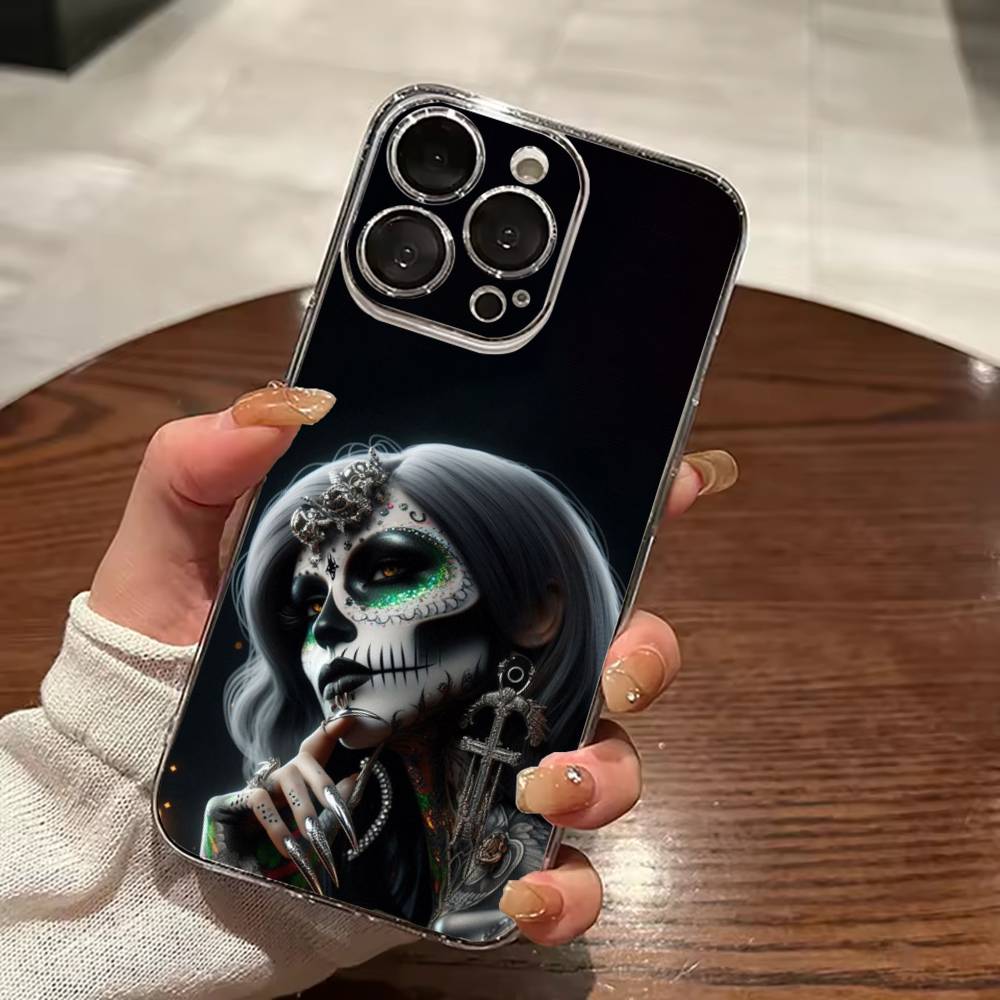 Day of the Dead Catrina Skull Clear Hard Phone Case For iPhone 17 16 15 14 13 12 11 Mini Pro Max Plus Transparent Cover